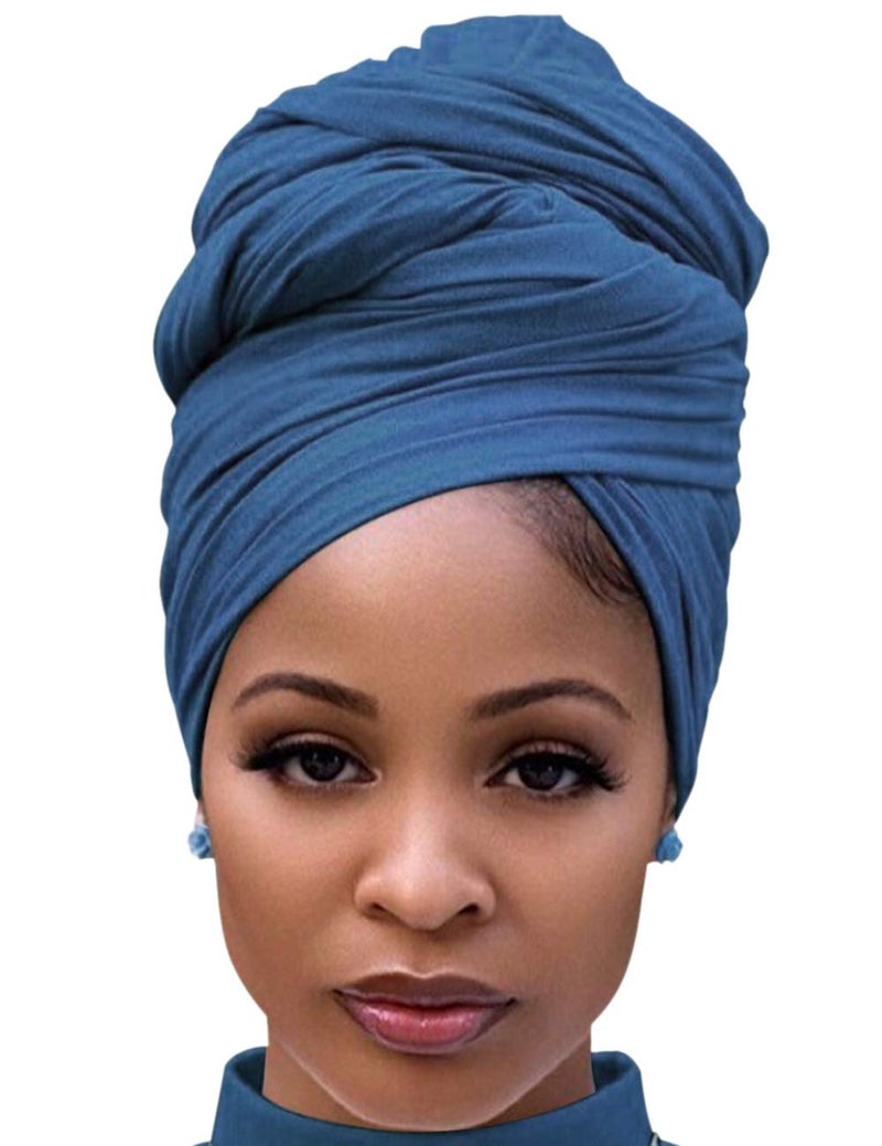 Harewom Headscarf for Black Women Fashion Long Stretch Jersey Turban Hair Wrap for Muslim Locks Headbands Steel Blue - Image 1